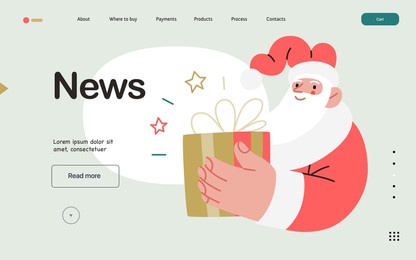 web santa - a corporative website page template. modern flat vector concept illustration of cheerful santa claus. corporate memphis outlined style, winter holidays. news page.