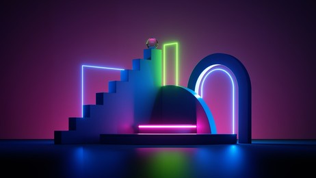 3d render, colorful background with abstract geometric shapes glowing with pink green and blue neon light. futuristic showcase scene for product presentation