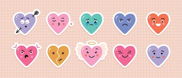 vector hearts stickers with different face emotions. cute cartoon characters for valentines day. collection of comic elements in trendy cartoon style.