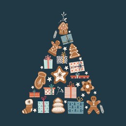 greeting christmas card, invitation. gift boxes and gingerbread cookies making pine tree shape. christmas and new year card design. christmas tree or pine tree on dark background