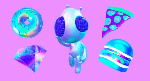 3d render hipster sticker set creative funny alien and stylish holography objects . cosmic trendy vibes