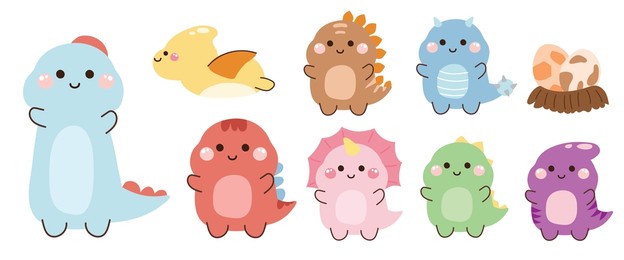 set of cute dinosaure cartoon on white background.animals character design.image for printing on packaging paper,postcard,baby clothing.clipart.kid graphic.isolated.vector.illustration.