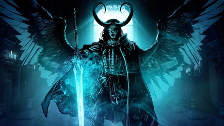 a sinister demon with huge horns stands in a dark estate in a turquoise fog, with a magical two-handed magic sword in his hands, he is a count in a raincoat and a luxurious jacket, night scene 2d art