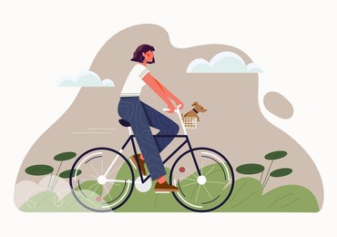 eco friendly transport concept. young modern woman rides bicycle. female character on bike moves around city. sports activities. taking care of environment. cartoon colorful flat vector illustration