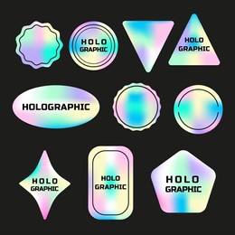 set of holographic stickers. hologram labels of different shapes. vector stickers for design mockups. holographic textured stickers for preview tags, labels