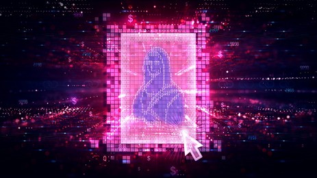 non fungible token (non-fungible token) - nft - digital art stored on digital ledger (blockchain) - conceptual illustration