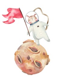 astronaut dog with red flag conquers the planet, galaxy, cute childrens illustration in watercolor