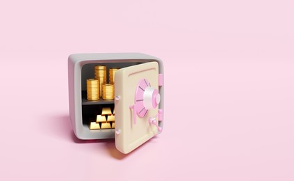 safe box full of coins stack and gold bar isolated on pink background.investment,saving money,business banking finance concept,3d illustration or 3d render