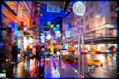 few pedestrians on the rather busy street in metaverse conceptual reality imagination virtual and real world - cyberspace hypothesized iteration of the internet, supporting persistent virtual life