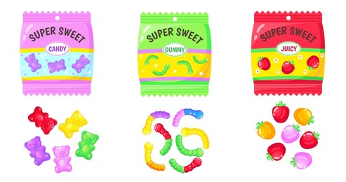 jelly bears pack. mix of gummy candies, marmalade colorful sweets for kids, sugar food, neat cartoon abstract vector. illustration of candy and gummy, jelly food