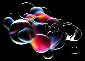 3d render of abstract art meta balls spheres or bubbles in matte metallic material in red blue and yellow color with transparent liquid glass plastic substance around on black background