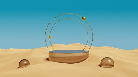 glass cylinder podium with golden round frame on a desert landscape.product display plateform template.3d render illustration.