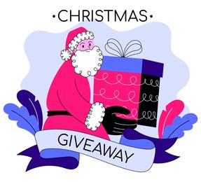 christmas giveaway. sale, promotion, discount. santa claus with gift boxes with bows and patterns in the doodle style. vegetable elements, leaves. isolated on white. 