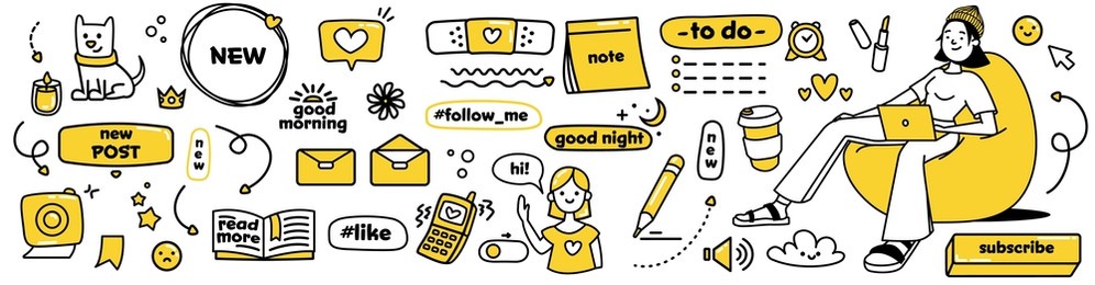 modern doodle stickers for social media. vector collection. cutest patch set. sketch cute icons in yellow and black colours on white background.