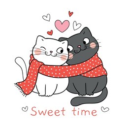 draw vector illustration character design couple love of cats with little heart for valentine day doodle cartoon style