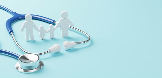 top view of medical stethoscope and icon family on cyan background. health care insurance concept. 3d rendering