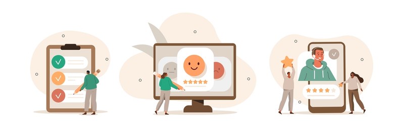 customer feedback and user experience illustration set. characters giving review to customer service operator, choosing emoji to show satisfaction rating and filling survey form. vector illustration.