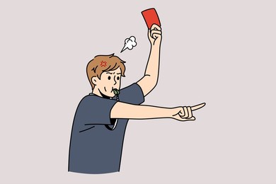 soccer judge and football rules concept. young man soccer judge standing and showing red card to player whistling during game vector illustration 