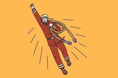 working as fireman hero concept. young smiling man cartoon character fireman flying above with hand up over yellow background vector illustration 