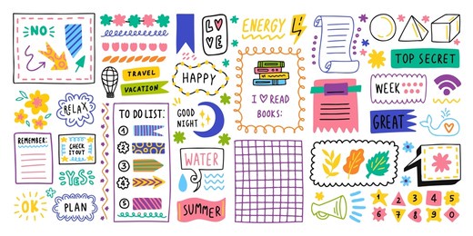 big set. diary bullet cute journal border elements. note icon, sticker for school. vector illustration