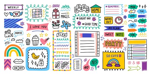 big set. journal border elements. note icon, sticker for school. vector illustration