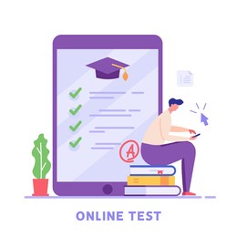 man taking university exam remotely and temporarily. student writing test. concept of online exam, online survey, testing, e-learning. vector illustration in flat design for ui, banner, mobile app