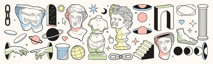 abstract greek ancient sculpture and surreal elements. vector hand drawn illustrations of modern statues and cosmic space elements in trendy psychedelic weird style. sticker pack. pastel colors.