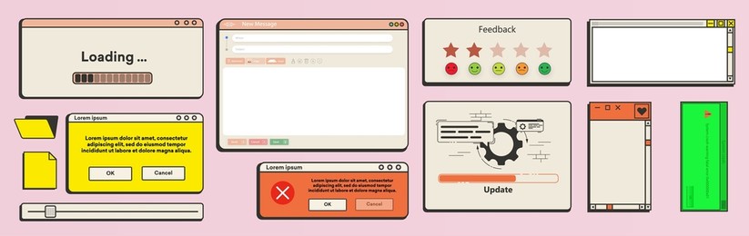 old user interface.  a set of flat ui and ux elements: dialog box, tab, button, modal window. collection of os messages, notifications, widgets. trendy cover in vaporwave 80s-90s style. vector 