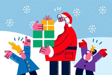 happy santa claus with gifts congratulate excited small children with winter holidays. caring father christmas greeting little kids with new year vacation make present surprise. vector illustration. 