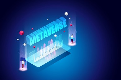 experience 3d metaverse, the limitless virtual reality technology for future users and digital devices. isometric vector illustration.
