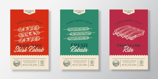 meat abstract vector packaging labels design set. modern typography banner, hand drawn kebab, shish kebab and lambs ribs sketch silhouettes. color paper background layouts collection isolated.