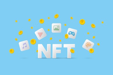 nft (non fungible token) concept in 3d illustration. blue background, crypto coin, cube, music, video, photo, game, art.
