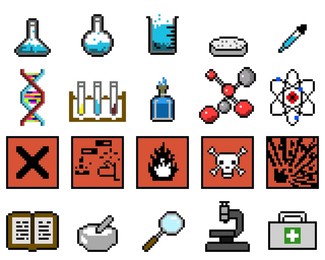 set pixel art icons, sign and symbols, molecular bonds, flask, hazard symbols, magnifying glass, dna
