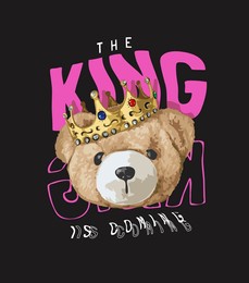 the king slogan with bear doll head in golden crown vector illustration on black background