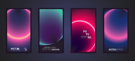 abstract neon vertical stories, gradient cover template design set for poster, social media post and stories banners. cyberpunk circular gradient hi tech post. vector aesthetic space black set.	