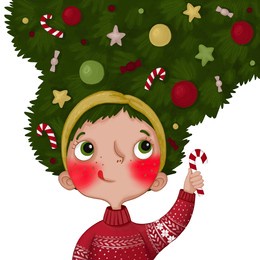 cute cartoon illustration with a christmas tree in the form of a young girl character