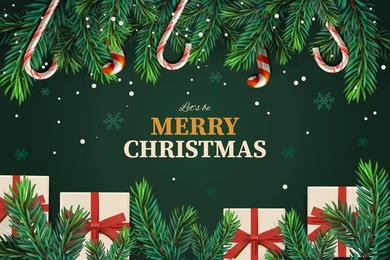 merry christmas banner, xmas party. spruce branch with hanging lollipops and gift boxes. vector illustration
