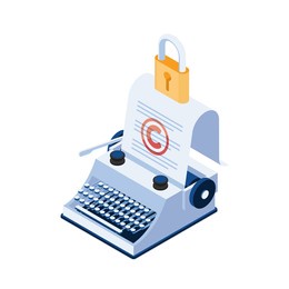flat 3d isometric typewriter with copyright document and padlock. copyright protection concept.