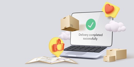 online delivery banner with 3d realistic laptop, parcels, clouds, map and social icons in realistic style. vector illustration