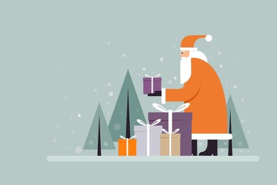 santa claus with gifts in a snowy winter background
