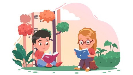 kids read paper books outside enjoying nature. school students read textbook literature in park. curious readers sitting on grass, stump with trees, plants around. flat vector character illustration