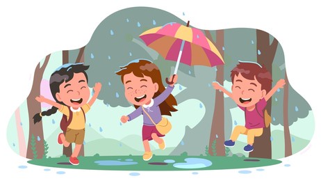 happy school students girls, boy kids playing together jumping in rain. smiling friends children with umbrella laughing in park forest nature. childhood fun, people leisure flat vector illustration