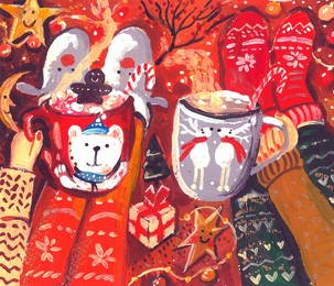 cozy holiday atmosphere. postcard to christmas. bright baby feet in socks and christmas mugs with cocoa