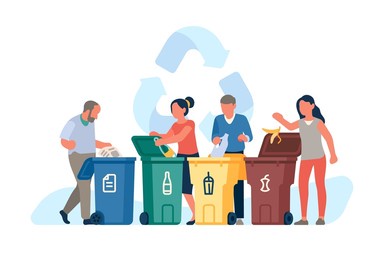 people sorting garbage. men and women throw out trash in plastic color dumpsters, eco containers, separate waste collection, taking care of environment, vector isolated