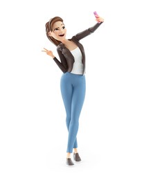 3d cartoon woman taking selfie on mobile phone, illustration isolated on white background
