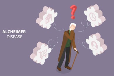 3d isometric flat conceptual illustration of alzheimer disease, elderly memory loss and brain treatment
