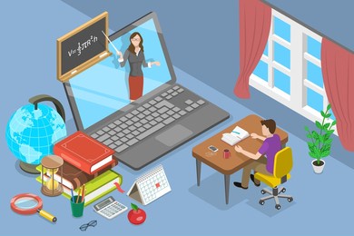 3d isometric flat conceptual illustration of online classes, e-learning and distant education from home