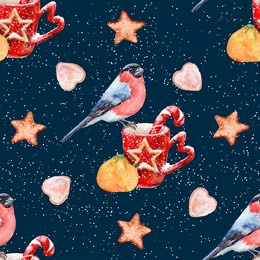 new year, christmas, seamless pattern with fruits, cookies, sweets, bullfinch, festive mug. high resolution watercolor.
