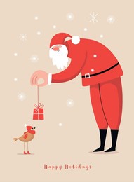 christmas illustration. santa gives a gift to little bird