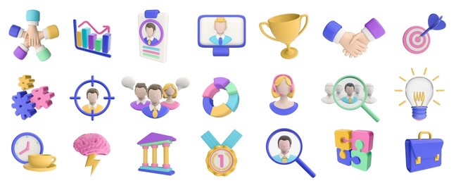 3d render illustration set of icons on the theme of collaboration, teamwork in the office. modern trendy design. simple icon for web and app. isolated on background.